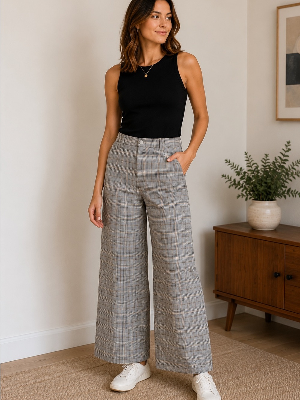 BLDWN Plaid High Rise Wide Leg - Size 32 Cotton Trouser